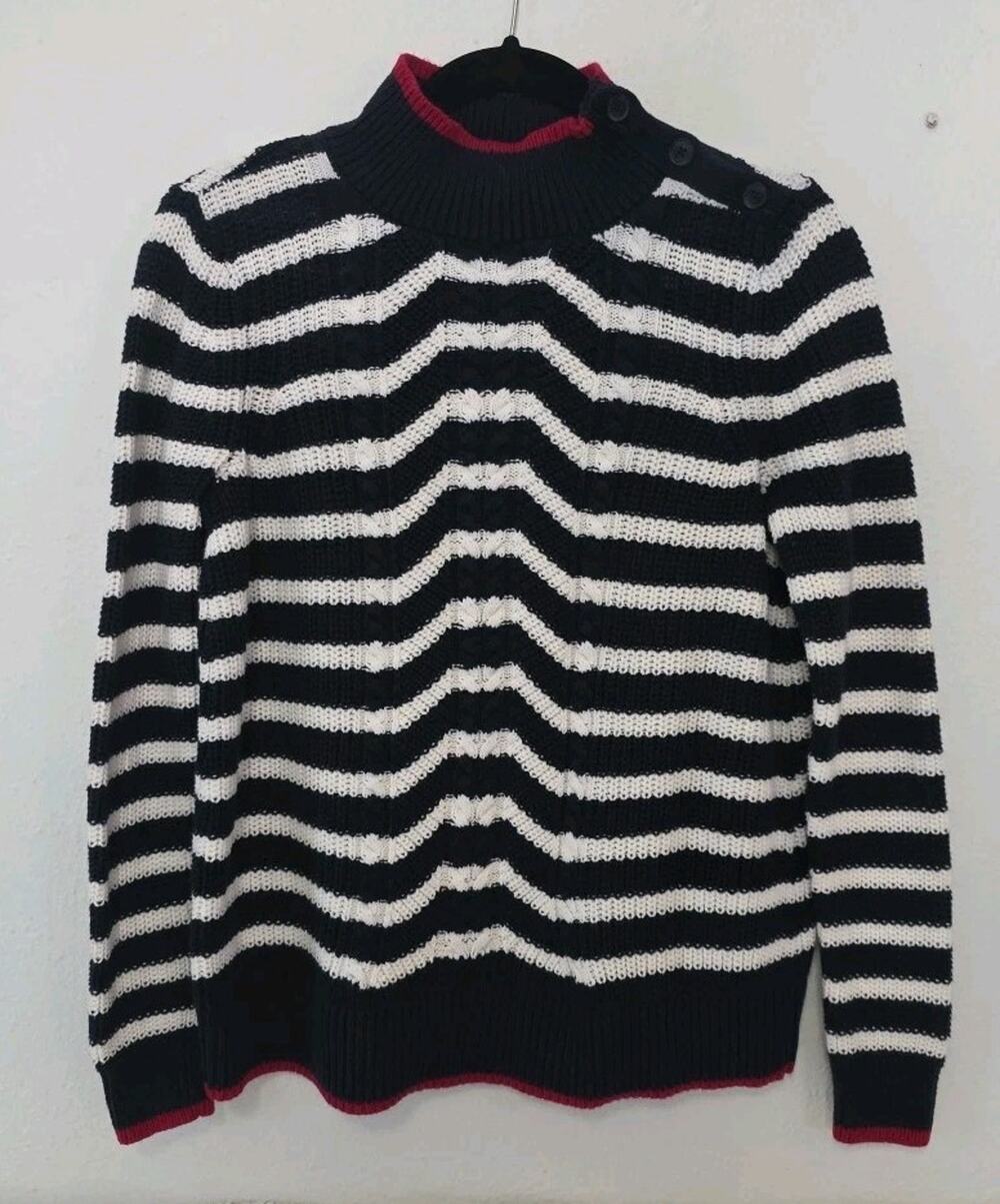 LOFT Knit Sweater 100% Cotton Striped Mock Neck Size Medium Navy Blue White